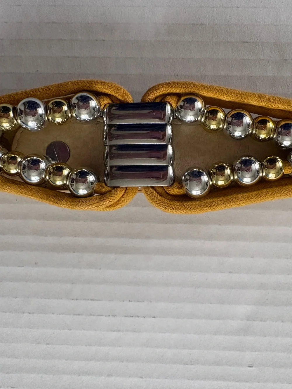 Vintage Women’s Elastic Waist Belt with Gold & Silver Beaded Accent - Mustard